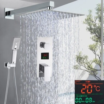 ROZIN LED Chrome Concealed Bathroom Shower Mixer Set Rain Head Hand Spray Square Valve