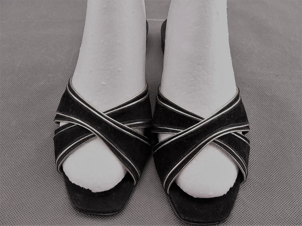 Alejandro Ingelmo Black Suede Leather Slides Metallic Gold Trim Sandals 38.5 — 第 1/4 张图片