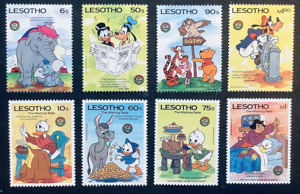 JUEGO DE SELLOS LESOTHO MARK TWAIN & BROTHERS GRIMM DISNEY 1985 MNH NAVIDAD POOH Foto 1 de 1