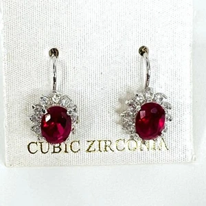Cubic Zirconia Ruby Earrings Dangle Drop Leverback Pierced Silver Tone - Picture 1 of 5
