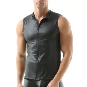 Camisetas sin mangas de cuero PU con cremallera negras/rojas para hombre Camisetas Chalecos de club de baile - Imagen 1 de 23