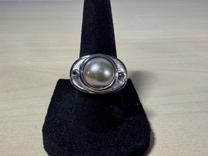 14K White Gold w/ Gray Mabe Pearl & Irradiated Blue/Green Diamond Ring Size 6.5 - Picture 1 of 24
