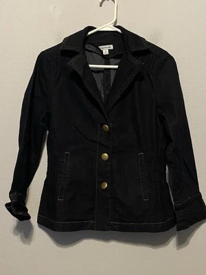 Chaqueta de jean Joan Rivers para mujer talla XS lavado oscuro manga 3/4 acanalada espalda/lados Foto 1 de 2