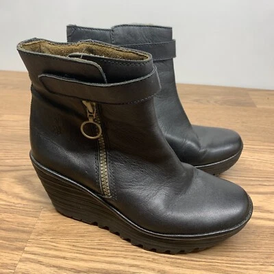 Fly London Botas Mujer 39/6.5 - 7 Yava Cuero Cuña Botines Negro Foto 1 de 4