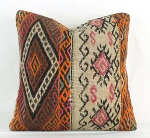 Black Beige Orange Decorative Turkish Kilim Pillow Cover 18" Kilim Sofa Pillow - Picture 1 of 9