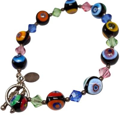 LUCKY CLOVER Sterling Silver Bracelet Milifori Murano Art Glass Beads Boho - Image 1 of 4