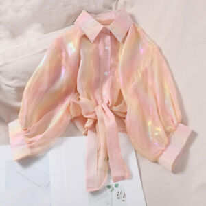 Women See Through Shirts Jacket Rainbow Shiny Shirts Buttons Down Crop Blouse