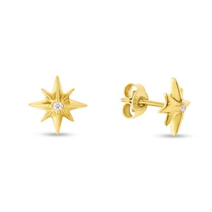 3/8" Shiny North Star .03ct Diamond Stud Earrings Real 14K Yellow Gold - Picture 1 of 3