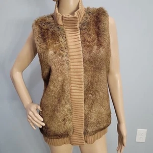 Jones New York Faux Mink Fur Vest Sz Medium Full Zip Snap Knit Back Sweater - Picture 1 of 10