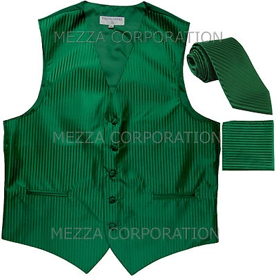 New Men's Tuxedo Vest Vertical Stripes Necktie Hankie set party Emerald Green - Image 1 of 4