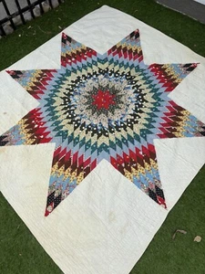 Vintage LONE STAR Quilt Hand Quilted COTTON FABRIC 81” X 74” Gorgeous Colors OLD - Picture 1 of 24