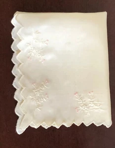 Vtg Ivory Delicate Silk Hankie Sz11”x13” Hand Embroidery Flowers Pink Accent PO - Picture 1 of 6