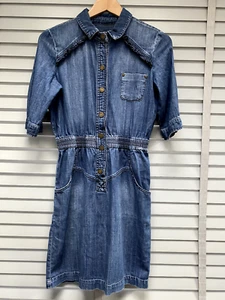 HOBBS NW3 Denim Dress UK 8 Blue Ruffle Shirt Style Cotton Elasticated Waist - Picture 1 of 11