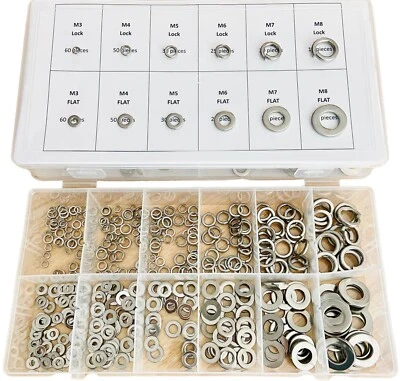 ROTUS Split Lock and Flat Washer Assortment Set 304 Stainless Steel 400 Piece Silver