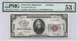 Empire NB & TC St. Paul, MN $20.00 1929 PMG 53 EPQ Charter 12922 - Picture 1 of 2