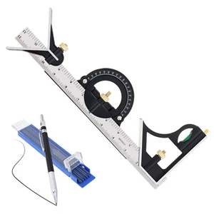 12" Stainless Steel Multi-Function Combination Square Ruler & Carpenter Pencils - Picture 1 of 12