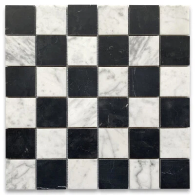 C251XH Carrara White Black Marble Checkerboard Chess Mosaic Tile Honed - Image 1 of 4