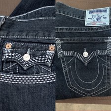 True Religion Mens Slim Jeans 41x34 Button Fly Crazy Unique Stitching Pattern