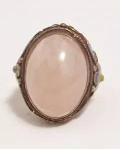 Vintage Rose Quartz Filigree Enamel Ring n Vermeil Gold - Picture 1 of 16
