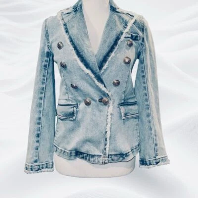 Generation Love Blue Denim Jacket Sutton Frayed Button XS Double Breast - Image 1 of 4