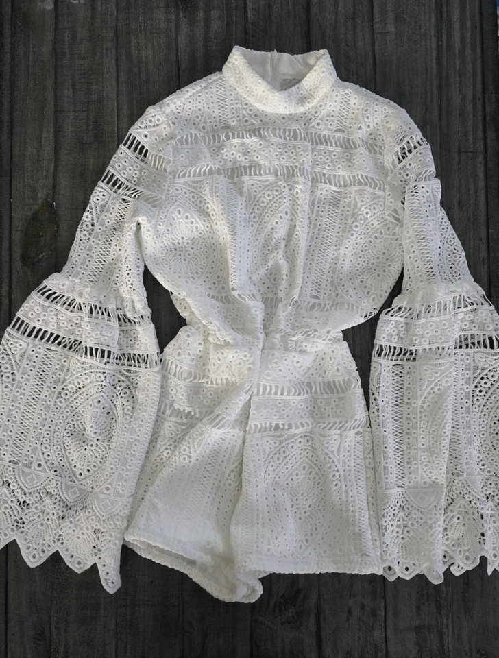 Очаровательный белый богемный бродерий английский комбинезон кружевной люверс с длинным рукавом XS - Изображение 1 из 4