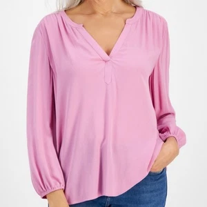 Style & Co Damen XL Split Neck Popover Bluse Bauern Top Rosa Regen Viskose Gaze - Bild 1 von 9