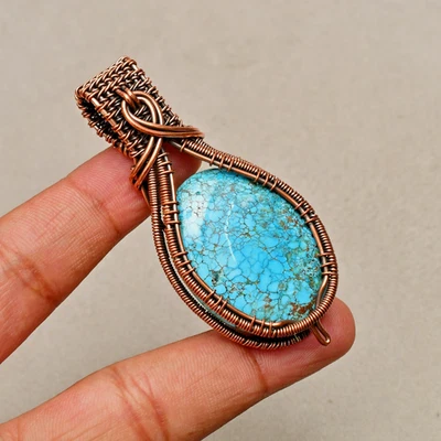 Türkis Edelstein Kupferdraht umwickelt handgefertigt Schmuck Anhänger 2,55 Zoll - Bild 1 von 4