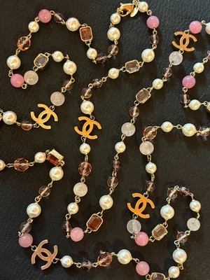 CHANEL ожерелье цепочка подлинный Coco винтажный редкая CC розовый камень жемчуг длинный F/S A838 - Изображение 1 из 4