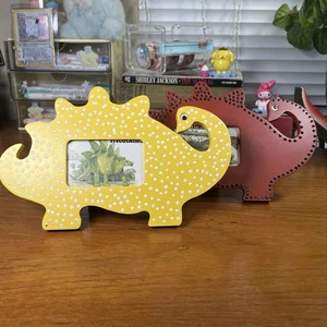 Vtg Dinosaur Picture Frame 90s Googly Eye Stegosaurus Wooden Photo Set Kid Decor - Picture 1 of 15