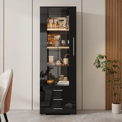 Hochschrank Vitrinenschrank Vitrine m/ LED Glasvitrine Schrank Hochglanz Schwarz - Bild 1 von 4