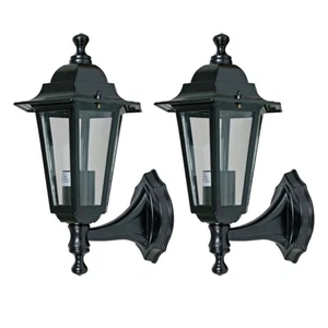 Set of 2 Modern Outdoor Porch Wall Lights Lantern Design Black Clear Glass - Picture 1 of 5
