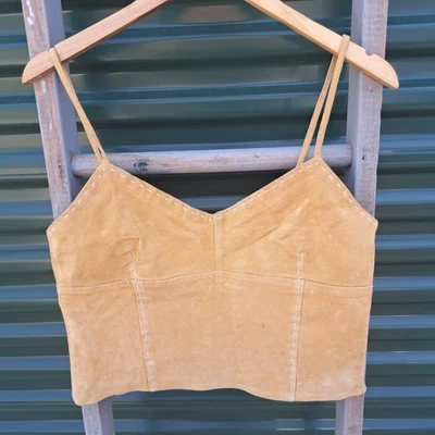 Camisa corta vintage Lili Le Rose Y2k sin mangas 100 % cuero marrón mediana talla 8 Foto 1 de 4