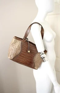 MAX MARA brown crocodile effect embossed ostrich leather shoulder handbag - Picture 1 of 10