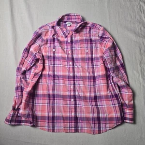 LL Bean Girls Cotton LS Button Up Pink White Navy Plaid Blouse Size L Pet - Picture 1 of 7