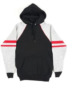 Vintage BLACK & GREY RED STRIPED HOODIE NEW 80s Deadstock USA Made Sweatshirt XS - Picture 1 of 6