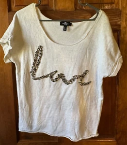 Mango Jeans Top size S Gray Love spelled out with Rhinestones Womens - Picture 1 of 5