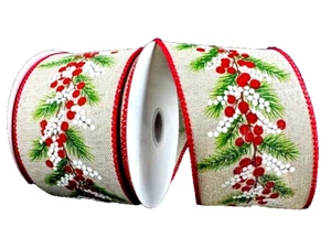 Winter Red White Berries 2.5" by 5 yd Green Pines Beige Wired Ribbon NICE - Picture 1 of 4
