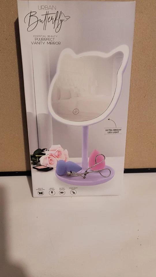 Urban Butterfly PINK Cat Shaped vanity mirror on stand W/ LED LIGHTS.