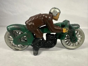 Vintage Hubley Die Cast Toy Motorcycle Racer Green Brown Number 7 - Picture 1 of 11