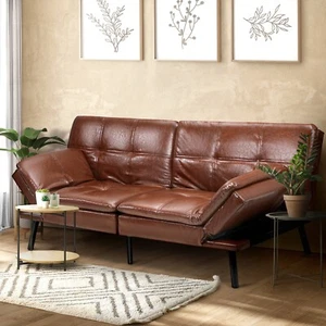 Oikiture Sofa Bed Futon Recliner Lounge Couch Convertible Leather 3-Seater Brown - Picture 1 of 10