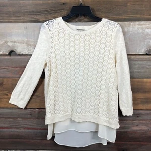 Lucky Brand SZ Small Women’s Sweater Top Lace Crochet Vanilla Knit Split Back - Picture 1 of 9