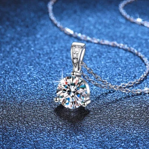 1-2CT Lab-Created Moissanite Pendant 3 Prong 925 Sterling Silver Women Necklace - Picture 1 of 9