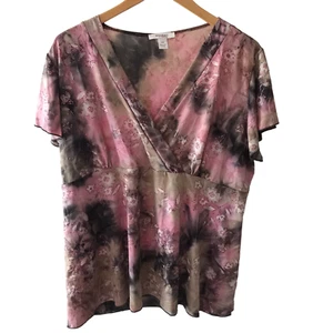Y2K Dressbarn Top 2X Floral Wrap V-Neck Fairy Grunge Pink Brown Glitter Made USA - Picture 1 of 11