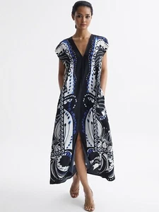 REISS WOMEN SUMMER FREJA SCARF PRINTED BELTED MIDI DRESS  RRP£248-A104 - Picture 1 of 9