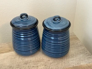 Blue Ceramic Pottery Kitchen Canisters Set Of 2 Storage Air Tight 5.75” - Picture 1 of 12