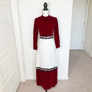 Vtg 70s Nadine Red Velvet White Maxi Evening Long Sleeve Dress Sz 9 - Picture 1 of 12