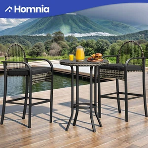 3 Pcs Outdoor Bar Height Table & Chair Set Patio Bistro Wicker w/ Glass Tabletop - Picture 1 of 9