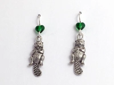 Pendientes colgantes castor de peltre y plata de ley - castores, animales, roedores, presa Foto 1 de 2