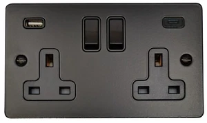G&H FFB911B Flat Plate Matt Black 2 Gang Double 13A Plug Socket 3.1A USB A + C - Picture 1 of 1