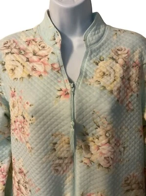 MISS ELAINE M Bata Acolchada Cremallera Completa Borla Aqua Estampado Floral Manga 3/4 Bolsillos Foto 1 de 4